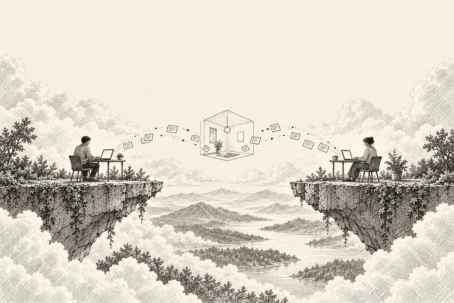 Two teammates working on separate platforms, exchanging messages through a shared private room.